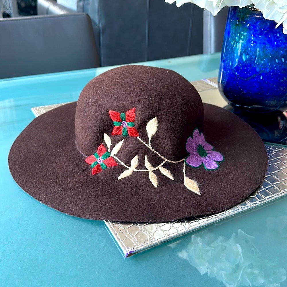 Parisian soft wool felt wide brim hat with embroidery
